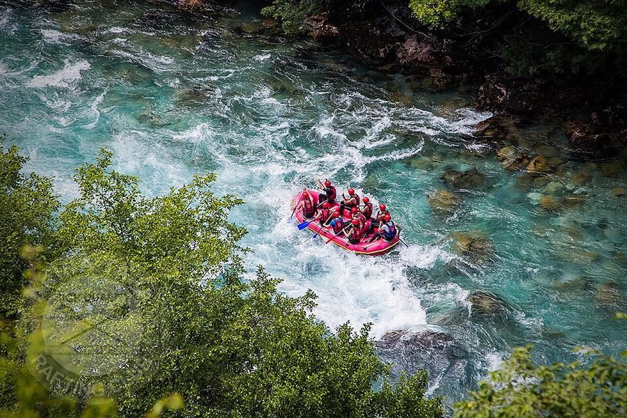 A raft running a rapid in the Tara canyon, Montenegro